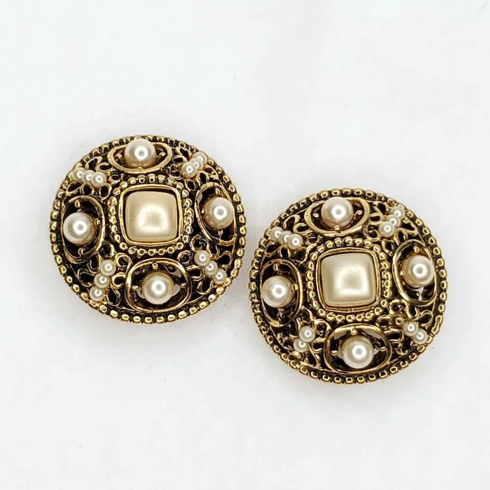 Vintage Carolee Earrings Faux Pearl Filigree Statement Gold Tone Clip On
